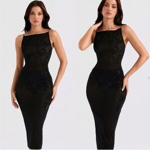 House of CB Black Sheer Midi Dress with Embellished Floral Detail